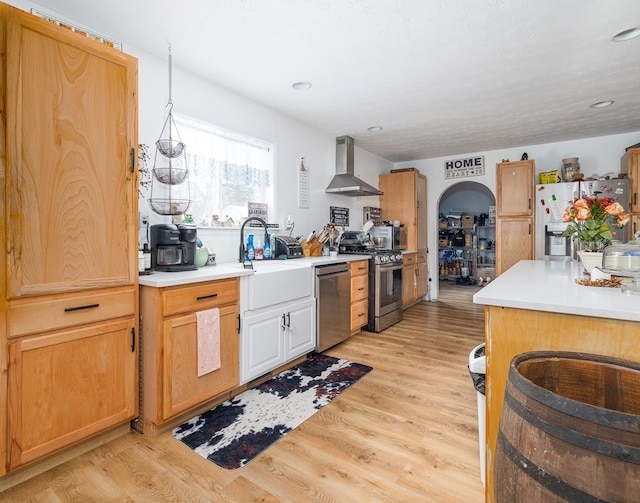 kitchen with appliances with stainless steel finishes, sink, light hardwood / wood-style floors, and wall chimney range hood