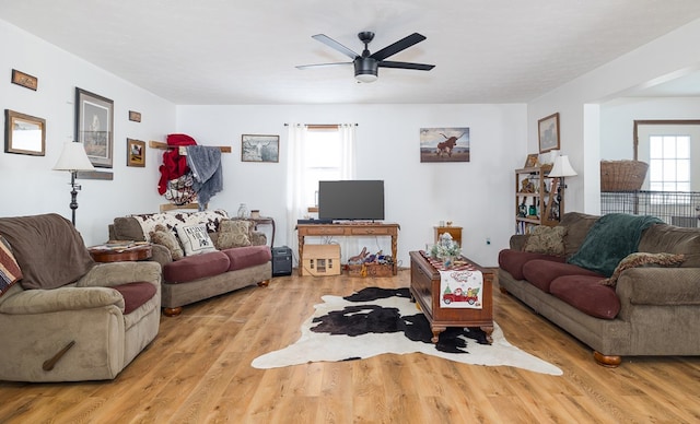 living room featuring ceiling fan and light hardwood / wood-style flooring