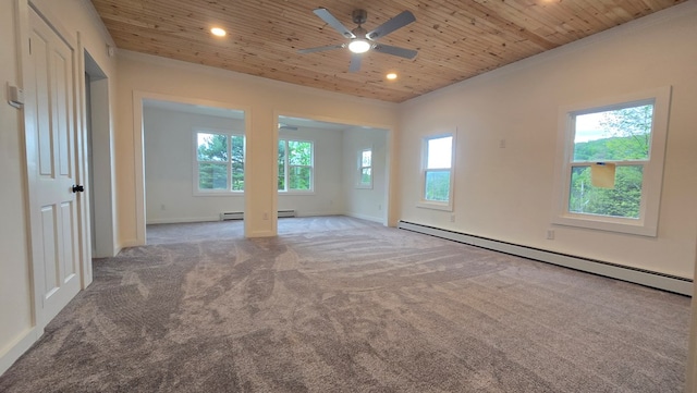 105 Taylor St, Blossburg, PA 16912 - spare room with a baseboard heating unit, ceiling fan, wood ceiling, carpet flooring, and plenty of natural light
