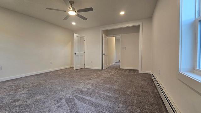 105 Taylor St, Blossburg, PA 16912 - spare room with a baseboard heating unit, dark colored carpet, a ceiling fan, recessed lighting, and baseboards