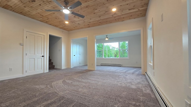 105 Taylor St, Blossburg, PA 16912 - unfurnished bedroom featuring a baseboard radiator, wood ceiling, a baseboard heating unit, recessed lighting, and carpet flooring