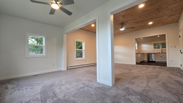105 Taylor St, Blossburg, PA 16912 - carpeted spare room with a baseboard heating unit, wood ceiling, a ceiling fan, recessed lighting, and baseboards
