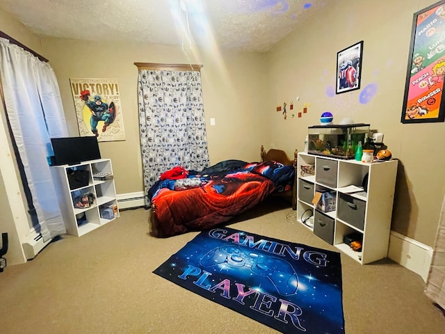 carpeted bedroom featuring a textured ceiling and baseboard heating