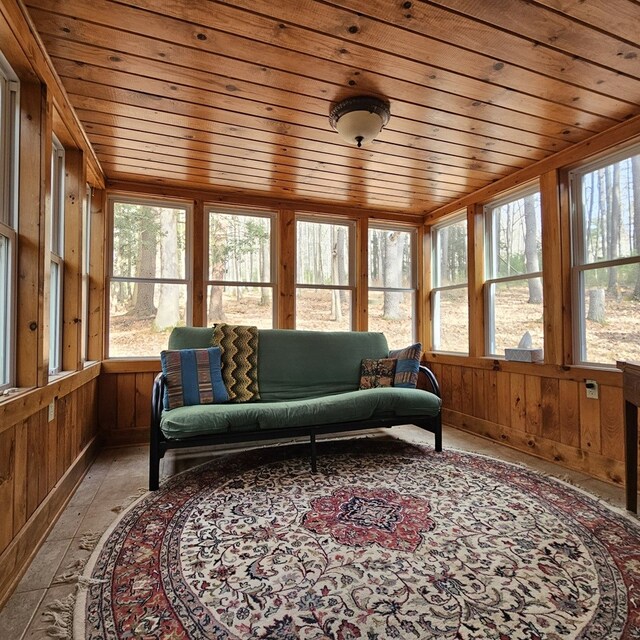 sunroom with wooden ceiling