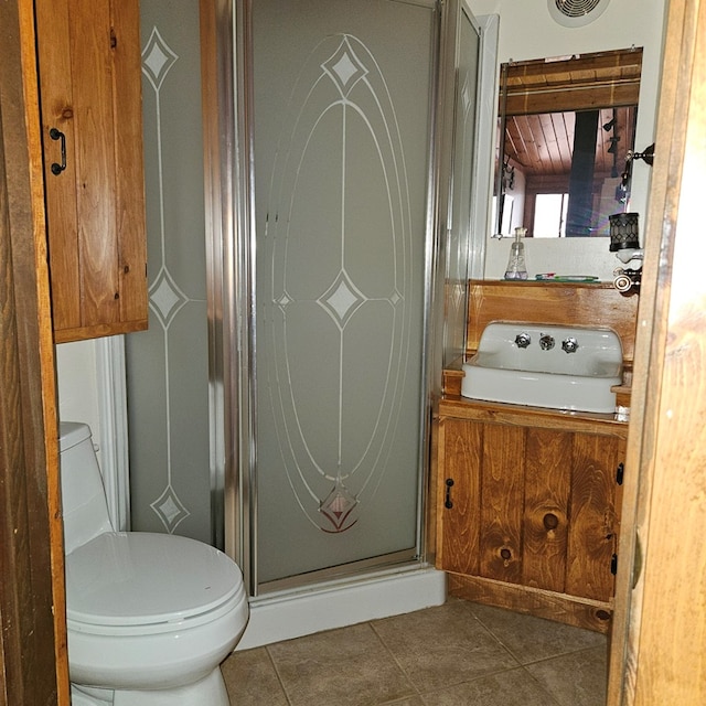 bathroom featuring tile patterned flooring, a stall shower, toilet, and vanity