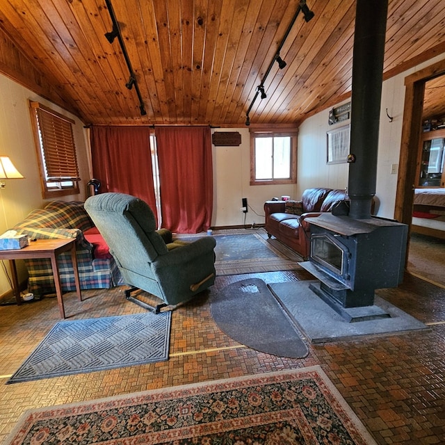 living area featuring brick floor, wooden walls, wooden ceiling, and a wood stove