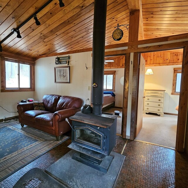 living area featuring wood walls, wood ceiling, vaulted ceiling, rail lighting, and a wood stove