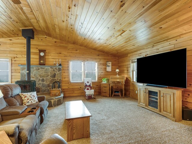 102 Fred Catlin Rd, Owego, NY 13827 - living area with lofted ceiling, carpet, wood walls, a wood stove, and wood ceiling