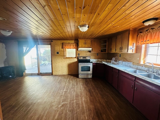 kitchen featuring dark hardwood / wood-style floors, wood ceiling, stainless steel electric stove, and sink