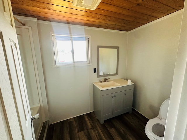 bathroom with wood-type flooring, vanity, toilet, and wood ceiling