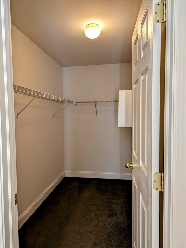 walk in closet featuring dark carpet