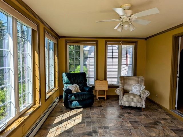 interior space with ornamental molding, ceiling fan, and baseboard heating