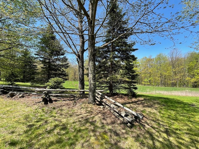 view of green lawn featuring a forest view