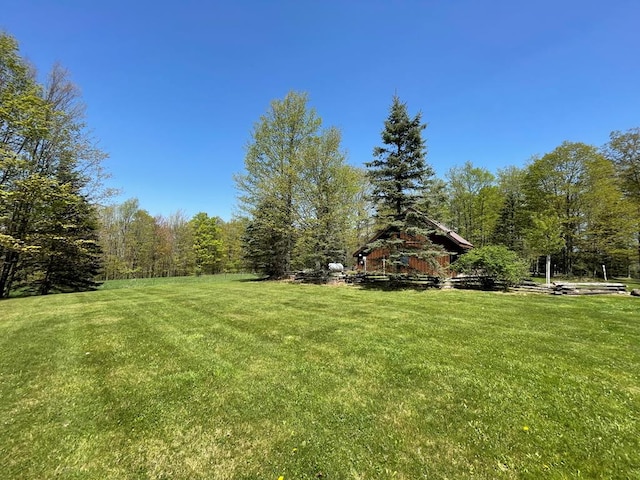 view of green lawn with a view of trees