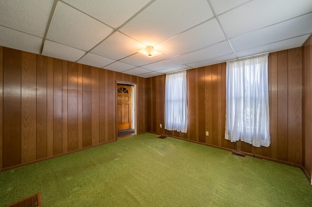 empty room featuring carpet, a healthy amount of sunlight, and wooden walls