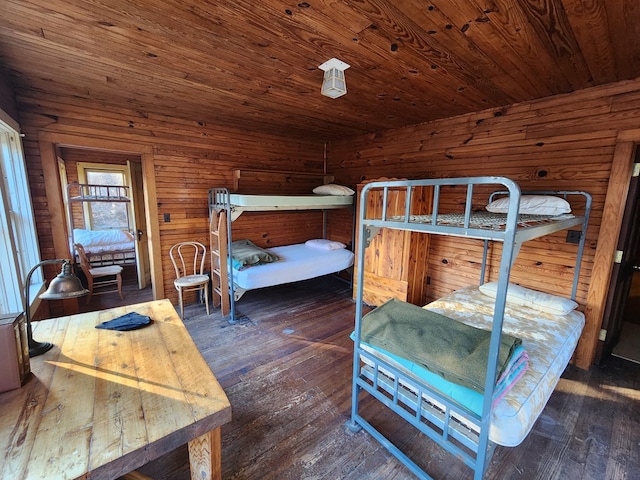 bedroom featuring dark hardwood / wood-style floors, wooden ceiling, and wooden walls