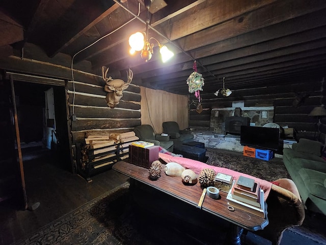 basement featuring a wood stove