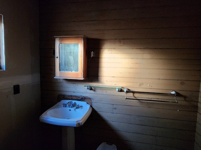 bathroom featuring wooden walls and sink