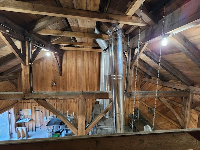 details featuring wood walls, wooden ceiling, and beam ceiling