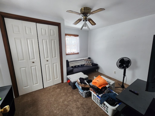 miscellaneous room with carpet floors and ceiling fan