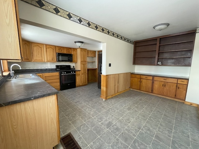 kitchen featuring sink, wooden walls, and black appliances