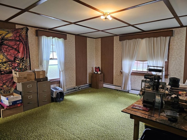 office featuring carpet flooring and a baseboard radiator