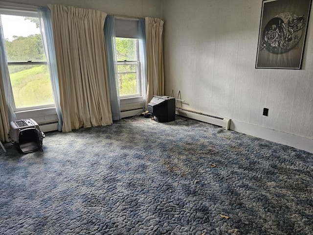 unfurnished room featuring carpet floors and a baseboard radiator