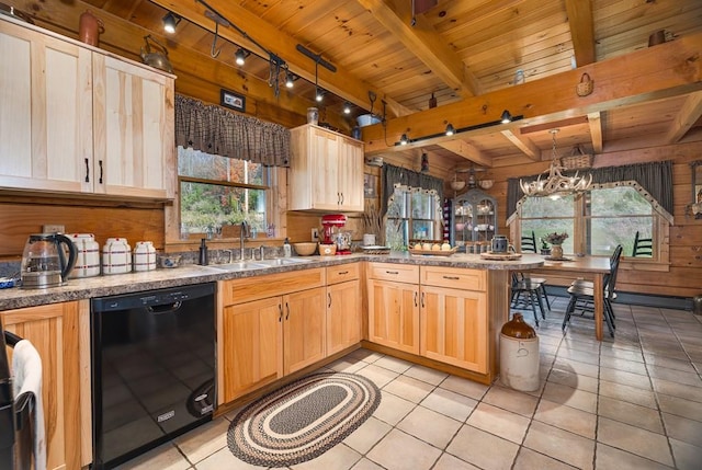 436 Teeter Rd, Genesee, PA 16923 - kitchen with black dishwasher, a wood ceiling with exposed beams, healthy amount of natural light, a peninsula, and a chandelier