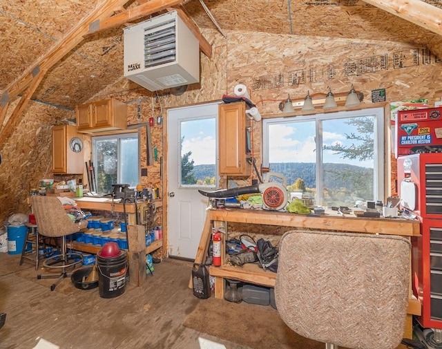 436 Teeter Rd, Genesee, PA 16923 - misc room featuring a heating unit, a workshop area, and lofted ceiling