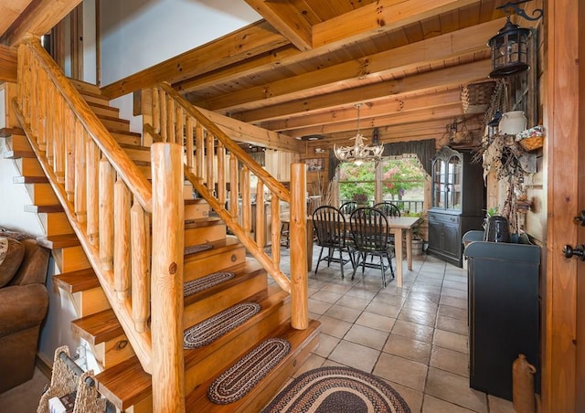 436 Teeter Rd, Genesee, PA 16923 - staircase with a chandelier, a wooden ceiling with exposed beams, and tile patterned flooring