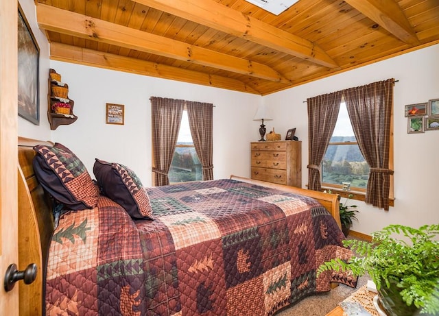 436 Teeter Rd, Genesee, PA 16923 - carpeted bedroom with a wood ceiling with exposed beams and baseboards