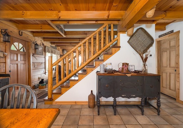 436 Teeter Rd, Genesee, PA 16923 - stairs with a wooden ceiling with exposed beams and tile patterned flooring