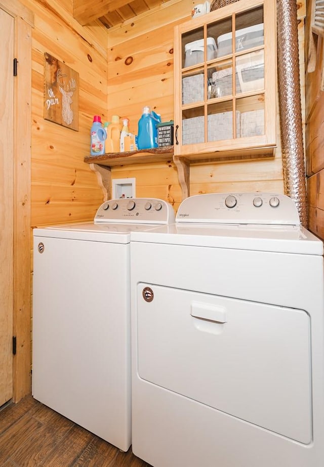 436 Teeter Rd, Genesee, PA 16923 - laundry room featuring washing machine and dryer, wooden walls, and dark wood-style floors