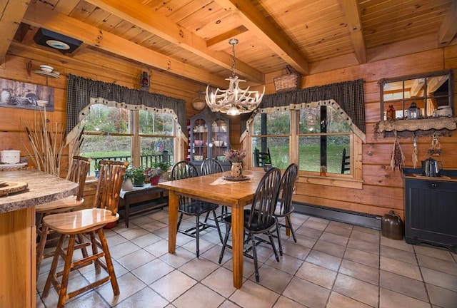 436 Teeter Rd, Genesee, PA 16923 - dining area with wooden walls, a wood ceiling with exposed beams, a chandelier, tile patterned flooring, and a baseboard heating unit