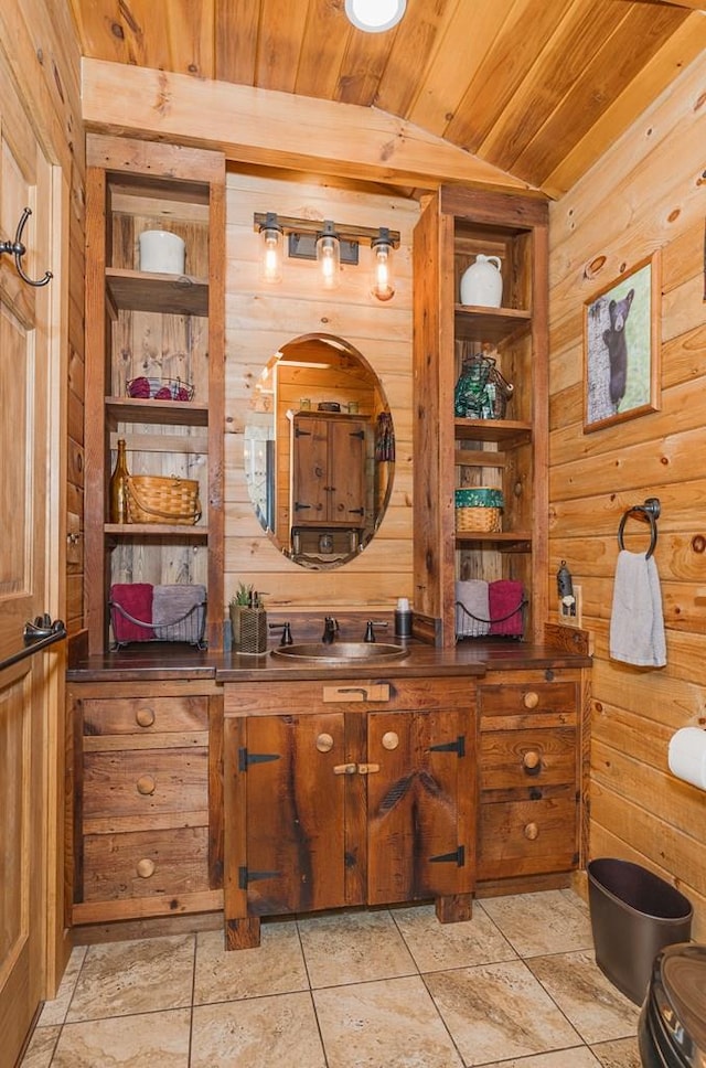 436 Teeter Rd, Genesee, PA 16923 - bathroom with wooden ceiling, wood walls, and vanity