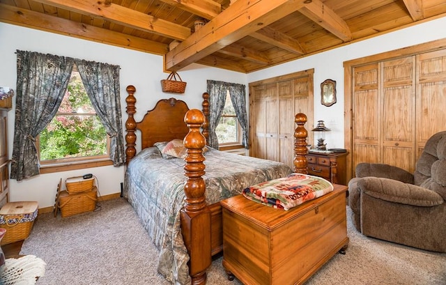 436 Teeter Rd, Genesee, PA 16923 - carpeted bedroom featuring a wooden ceiling with exposed beams, multiple closets, and multiple windows