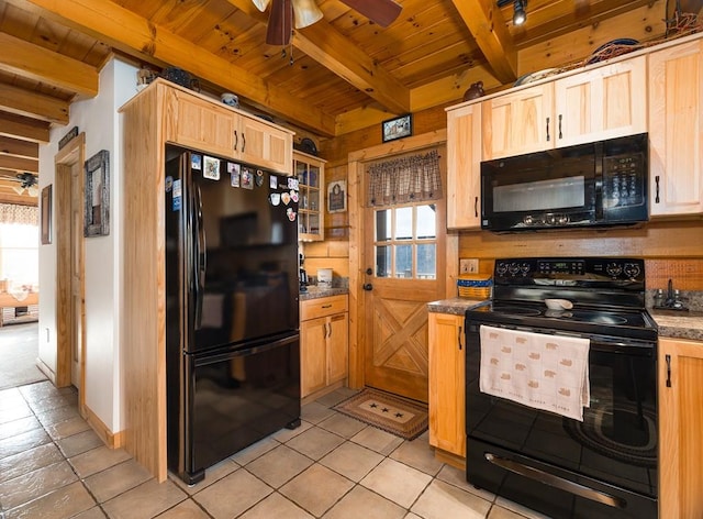 436 Teeter Rd, Genesee, PA 16923 - kitchen with black appliances, a wood ceiling with exposed beams, light brown cabinetry, a ceiling fan, and light tile patterned flooring
