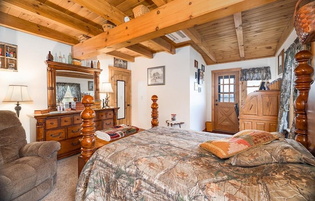 436 Teeter Rd, Genesee, PA 16923 - carpeted bedroom featuring a wooden ceiling with exposed beams