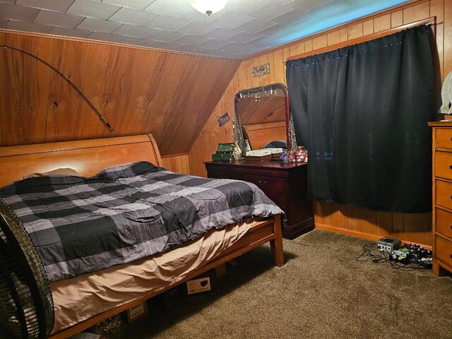 516 Dutch Hill Rd, Coudersport, PA 16915 - carpeted bedroom featuring wood walls and lofted ceiling