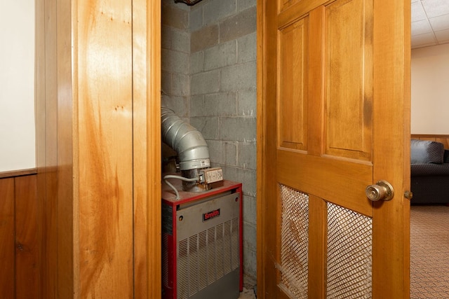 details featuring concrete block wall and a wainscoted wall