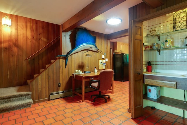 home office featuring a baseboard heating unit, beam ceiling, and wooden walls