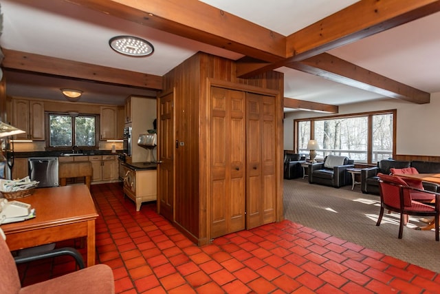 kitchen featuring beamed ceiling, plenty of natural light, appliances with stainless steel finishes, and a sink