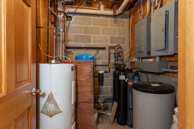 utility room featuring electric panel and water heater