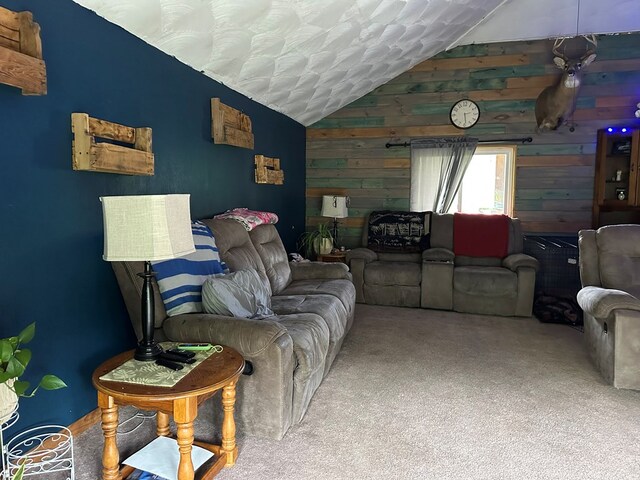 146 Academy St, Genesee, PA 16923 - living area featuring vaulted ceiling, wooden walls, and carpet floors