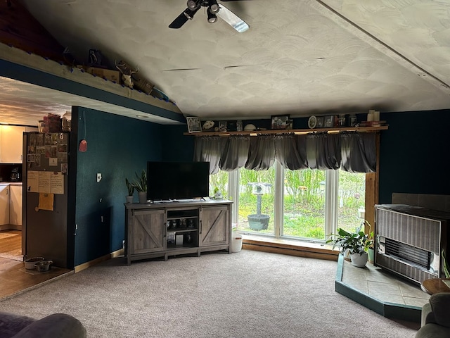 146 Academy St, Genesee, PA 16923 - carpeted living area with heating unit, ceiling fan, vaulted ceiling, baseboards, and a baseboard heating unit