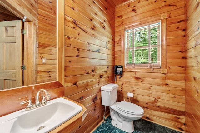 bathroom featuring wood walls, toilet, and sink