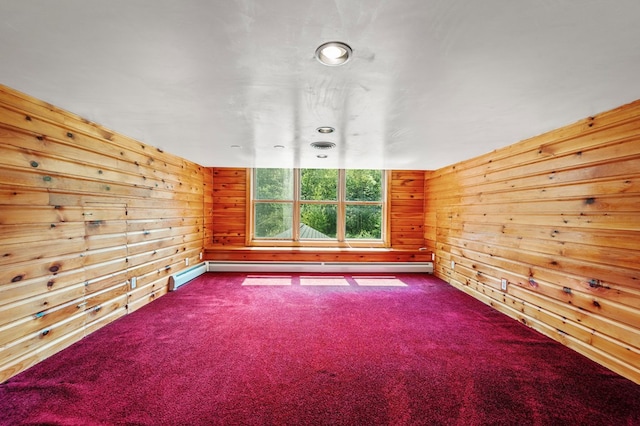 spare room with carpet and wood walls