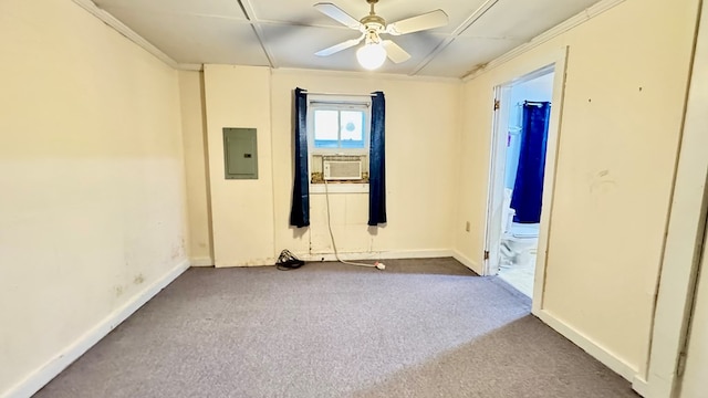 128 Bradford St, Sayre, PA 18840 - empty room featuring electric panel, ceiling fan, carpet flooring, baseboards, and crown molding