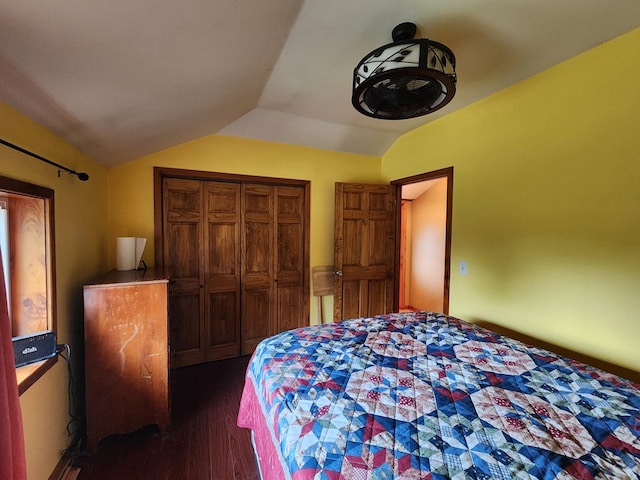 bedroom featuring a closet, dark wood-type flooring, and vaulted ceiling