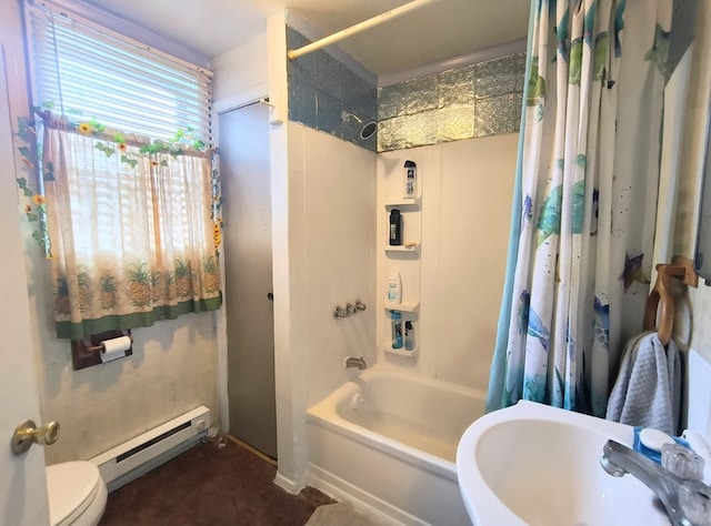 2756 Austinville Rd, Troy, PA 16947 - full bath featuring a baseboard heating unit, a sink, shower / bath combo with shower curtain, and toilet